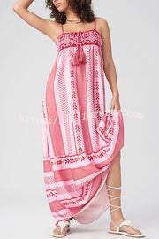 Unique Printed Patchwork Fringed Lace-up Maxi Dress