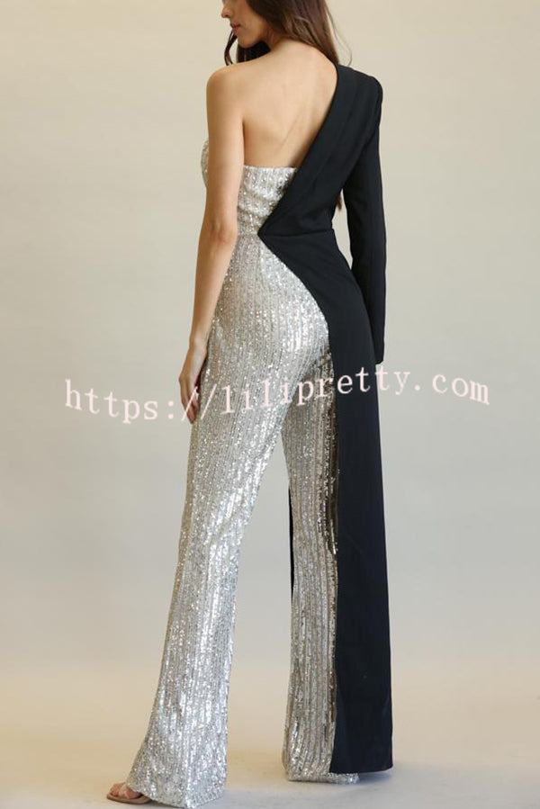 Fashionable Sequined Patchwork One-sided Long-sleeved Asymmetrical Jumpsuit