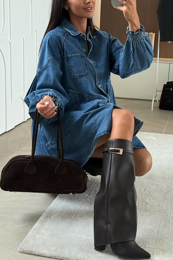 Fashion Heart Button Long Sleeve Casual Pocket Denim Mini Dress