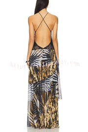 Desert Queen Embroidered Lace-up Leopard Colorblock Layered Slit Maxi Dress
