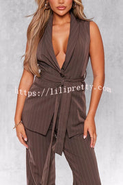 Goal Digger Striped Button Belted Lapel Vest and Pocketed Wide-leg Pants Set