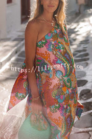 Rainbow Breeze Satin Unique Print Bow One Shoulder Loose Maxi Dress