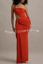 Sexy One-shoulder Backless Ribbon Pleated Slim Maxi Dress