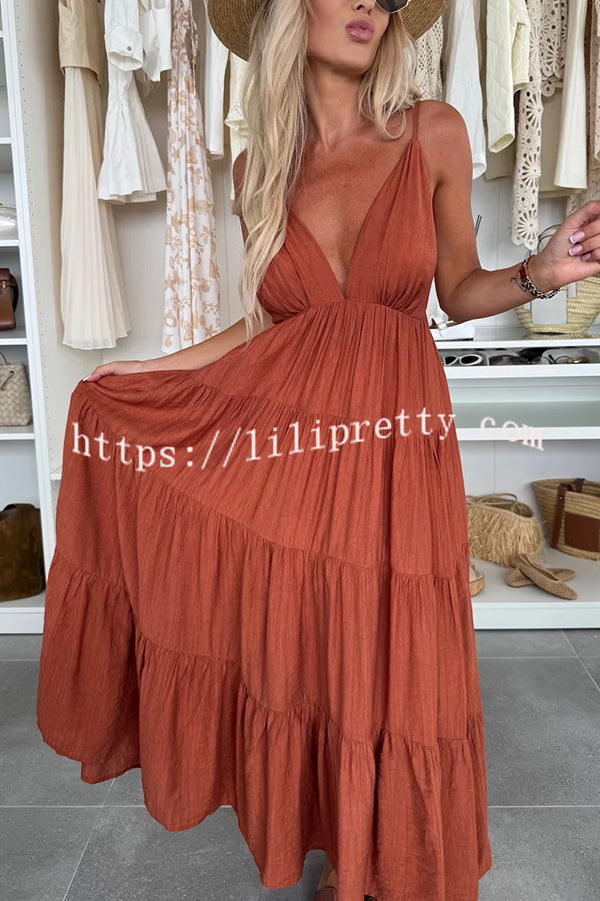 Bohemian Style V-neck Backless Slip Layered Vacation Maxi Dress