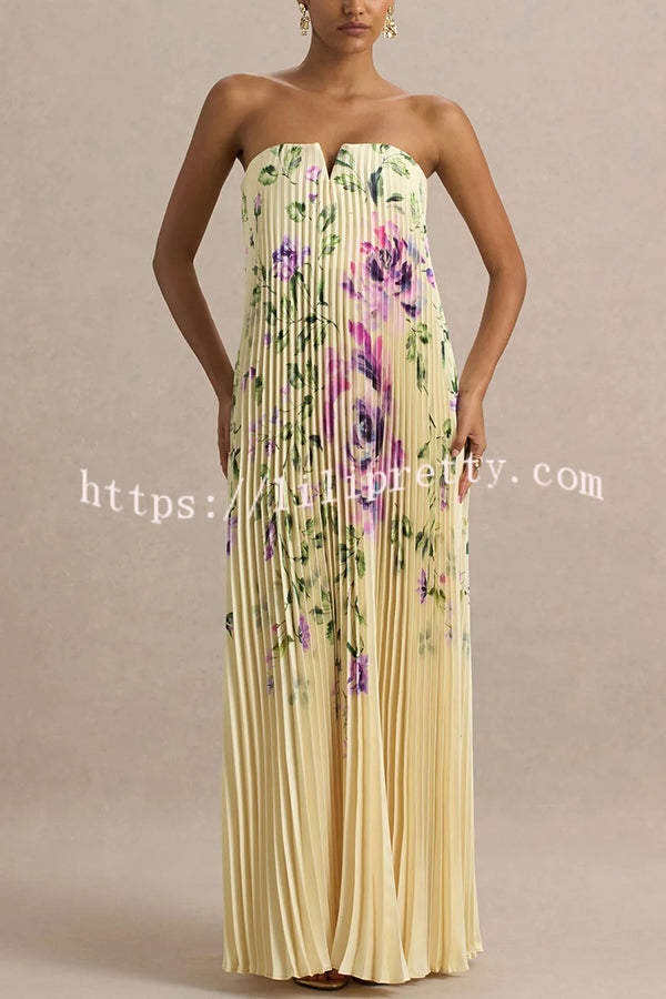 For Every Occasion Satin Pleated Floral Print V-wire Bandeau Neck Maxi Dress