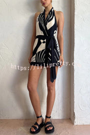 Unique Printed Open Back Waist Tie Holiday Mini Dress