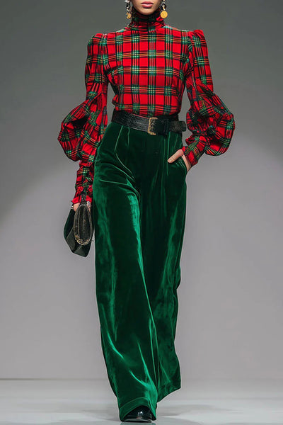 Retro Plaid Turtleneck Long Balloon Sleeve Top and Velvet Pocket Wide Leg Pants Set