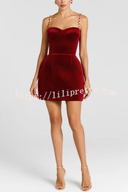 Harley Luxurious Velvet Fabric Jewel-embellished Shoulder Straps Pocket Tulip Mini Dress