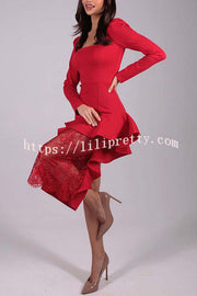 Secret of Night Square Collar Bias Cut Ruffles Lace Patchwork Midi Dress