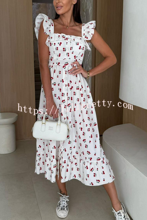 Floral Print Square Neck Pleated Back Midi Dress