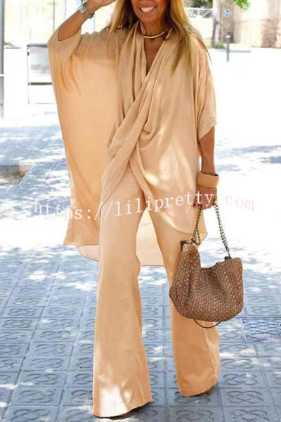 Lilipretty Casual V Neck Trumpet Sleeve Top and Pants Two Piece Set