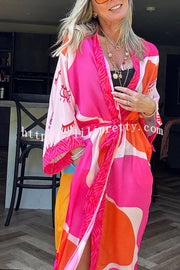 Elevate Beach Style Unique Print Long Sleeve Belted Pocket Cover-up Kimono