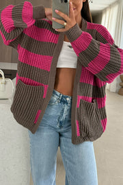Fashionable Patchwork Striped Casual Pocket Knitted Sweater