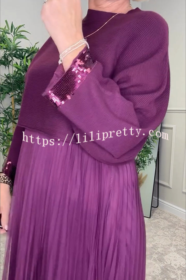 Fenna Ribbed Sequin Trim Batwing Sleeve Sweater and Pleated Tulle Stretch Tank Midi Dress Two-piece Set