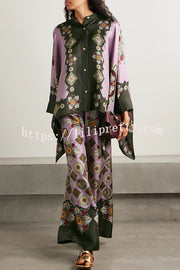 Satin Unique Print Loose Batwing Sleeve Top and Elastic Waist Pocket Casual Wide-leg Pants Set