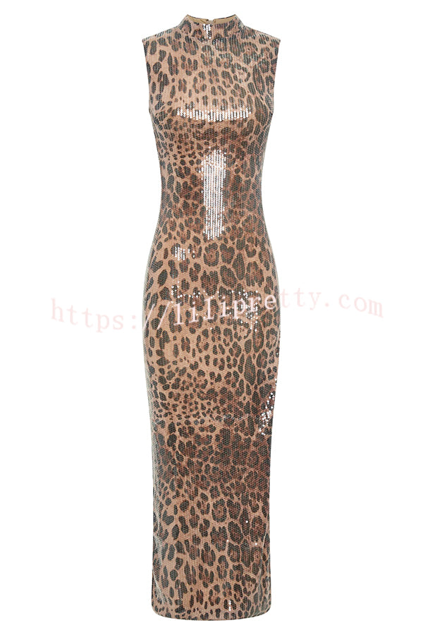 Sparkle Every Step Leopard Sequin Pattern High Neck Slit Stretch Maxi Dress