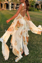 Mariah Floral Print Starfish Brooch Inverted Halter Neck Slit Ruffles Maxi Dress