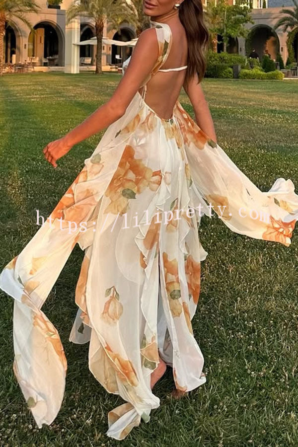 Mariah Floral Print Starfish Brooch Inverted Halter Neck Slit Ruffles Maxi Dress