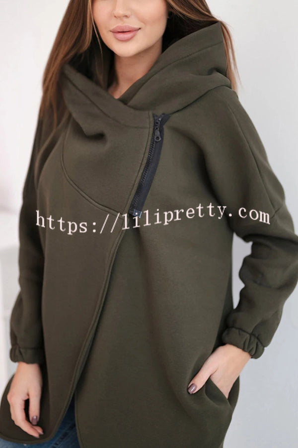 Solid Color Loose Hooded Zip-up Casual Sports Jacket