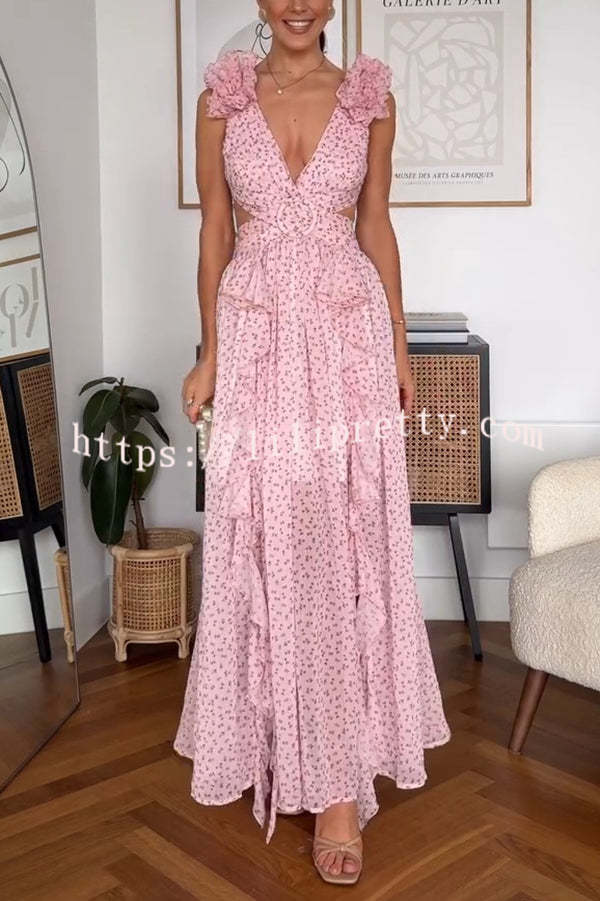 Wedding Dreams Chiffon Printed Flutter Sleeve Cutout Back Lace-up Maxi Dress