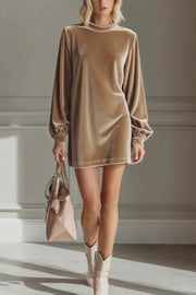 Solid Color Velvet Round Neck Long Sleeve Loose Mini Dress
