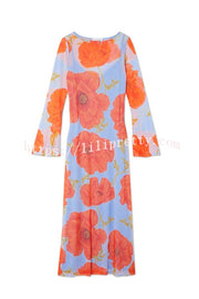 Perfect Cross-season Mesh Poppy Flower Print Long Sleeve Stretch Maxi Dress