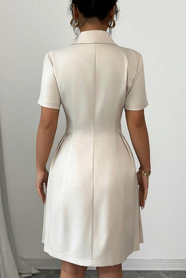 Solid Color Lapel Short Sleeve Button Waist Mini Dress