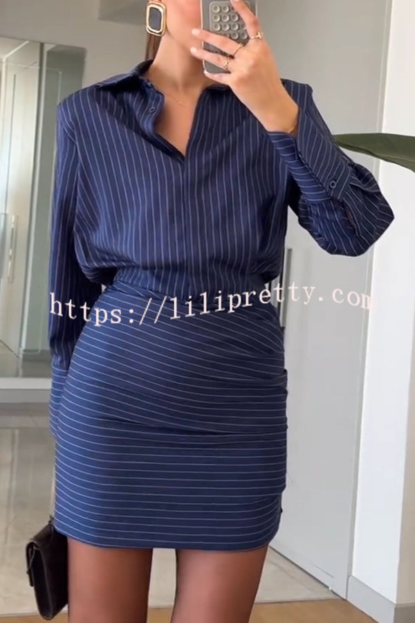 Simple and Sexy Stripe Print Long Sleeve Ruched Hem Shirt Mini Dress