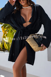 Solid Color Hollow Long Sleeve Loose Waist Tie Knitted Cardigan