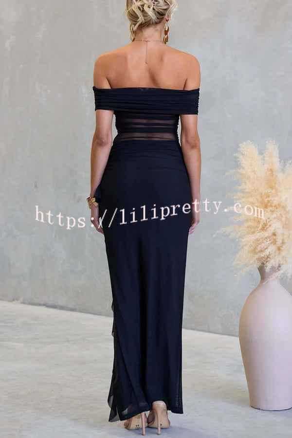 Sexy Mesh Off-shoulder Slim Fit Ruffled Slit Maxi Dress