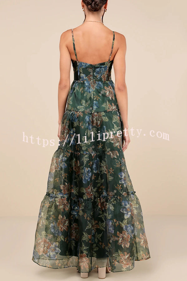 Exclusive Glamour Organza Floral Print Tiered Slip Maxi Dress