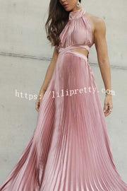 Stunning Choice Satin Pleated Halter High Neck Cutout Waist Backless Maxi Dress