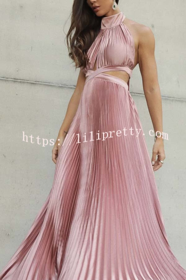 Stunning Choice Satin Pleated Halter High Neck Cutout Waist Backless Maxi Dress