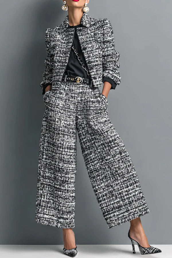 Stylish Long-sleeved Single-breasted Short Jacket and Casual Pocket Wide-leg Pants Sets