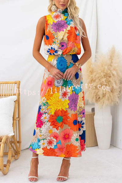 Lilipretty Land of Beauty Floral Print Halter Neck Elastic Waist Party Maxi Dress