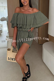 Solid Color Off-shoulder Ruffled Casual Waist Rompers