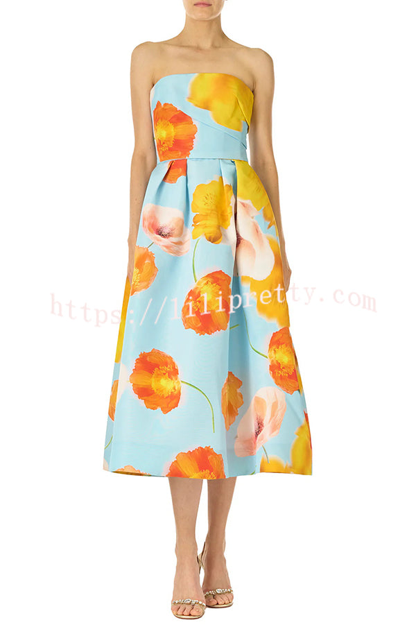 Floral Print Off Shoulder Backless Elegant Midi Dress