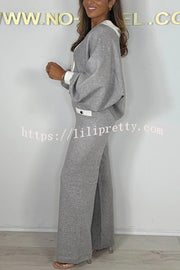 Fashion Contrast Color V-neck Loose Cardigan and Elastic Waist Casual Pants Set