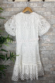 Lilipretty Sweet Valor Crochet Lace Puff Sleeve Button Up Mini Dress