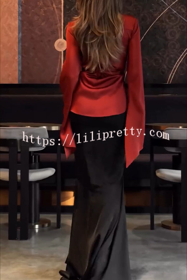 Jenny Satin High Rise Elastic Waist Flare Maxi Skirt