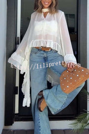 Flowy See-through Ruffle Tie-up Neck Bell Sleeve High-low Hem Cape Shirt