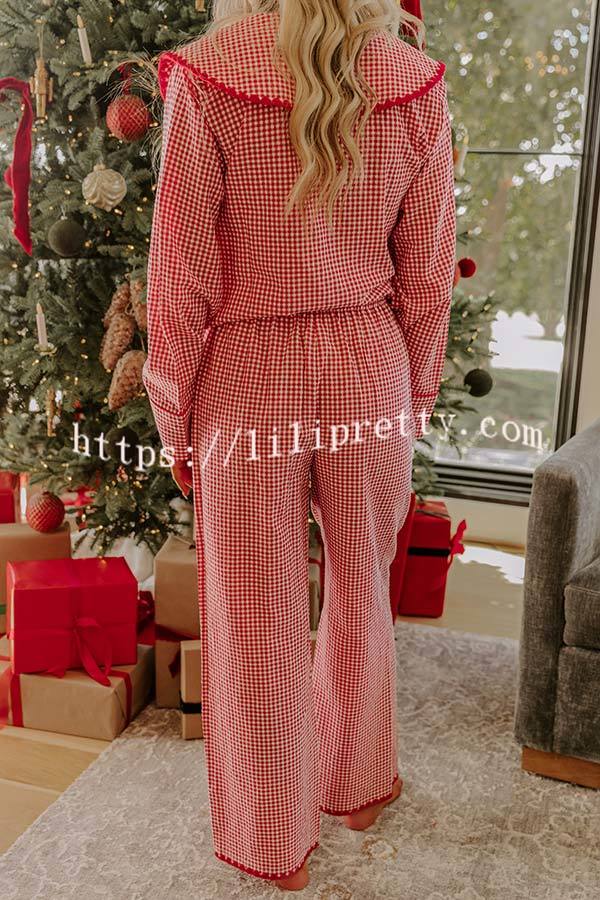 Nutcracker Charm Embroidered Gingham Loose Shirt and Elastic Waist Pajama Set