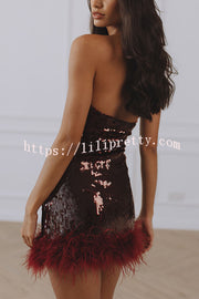 Chic City Sequin Faux Fur Trim Halter Tie-up Mini Dress