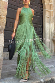Fashion Sleeveless Halter Neck Elegant Tassel Slim Maxi Dress