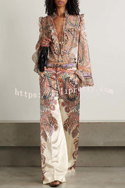 Feeling Dreamy Paisley Print Ruffle Jacquard Bell Sleeve Loose Blouse