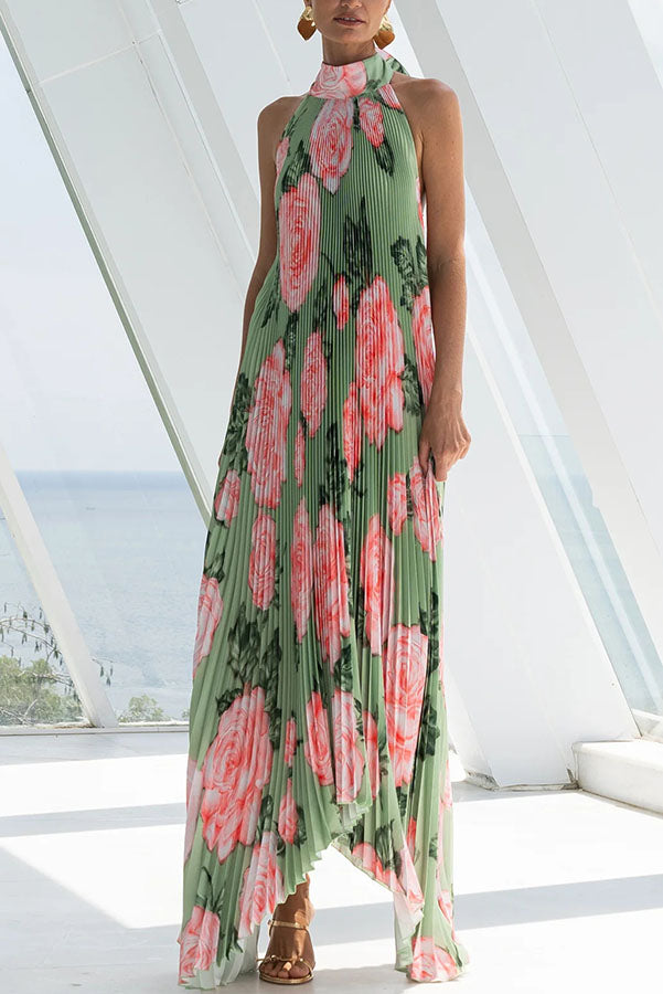 Opera Pleated Floral Halter Asymmetric Hem A-line Maxi Dress