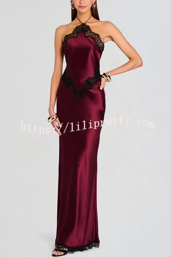 Everly Contrast Color Satin Lace Trim Halter Back Lace-up Flare Maxi Dress