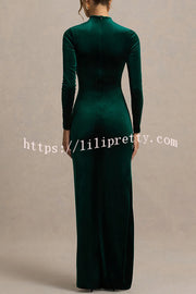 Wishes Velvet High Neck Long Sleeve Ruched Waist Wrap Slit Stretch Maxi Dress