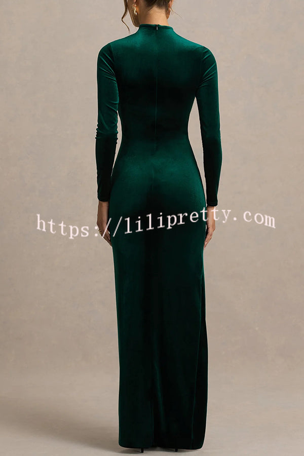 Wishes Velvet High Neck Long Sleeve Ruched Waist Wrap Slit Stretch Maxi Dress