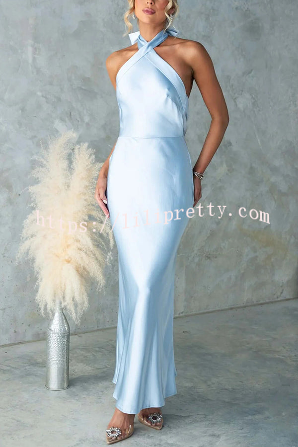 Satin Fashion Halter Backless Slim Elegant Maxi Dress